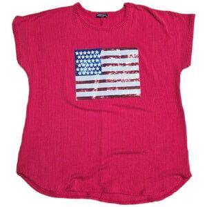 HEIMISH USA Sequin American Flag‎ Ribbed Knit Top Women's Plus Size 3X Red